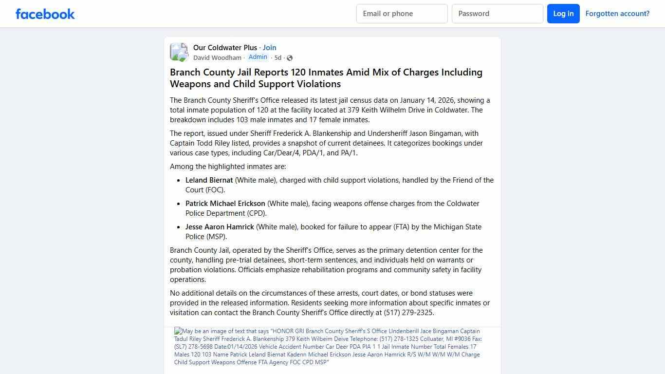 Our Coldwater Plus | # **Branch County Jail Reports 120 Inmates Amid Mix of Charges Including Weapons and Child Support Violations** | Facebook